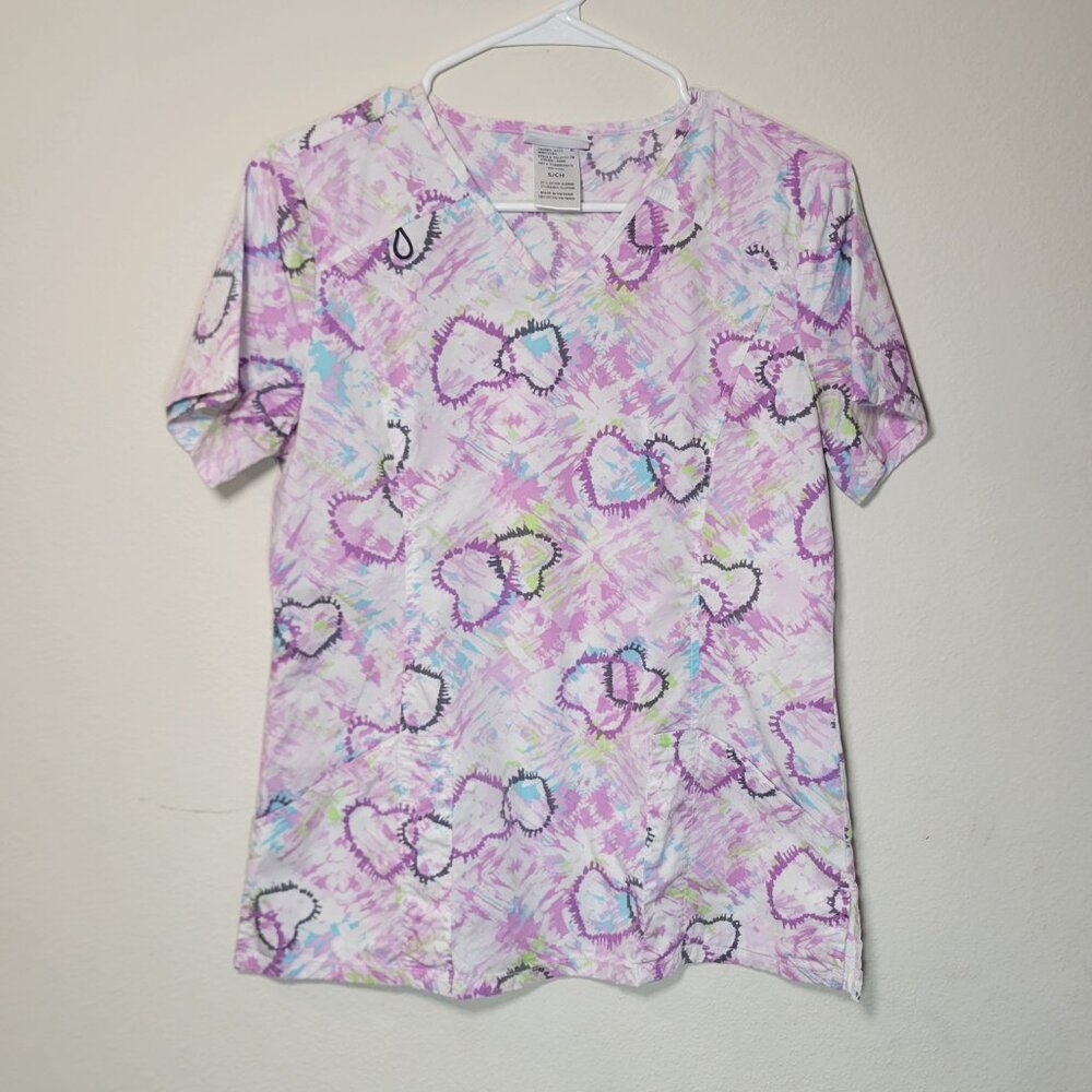 ScrubStar Women's Small Pink Scrub Top with Hearts V-Neck